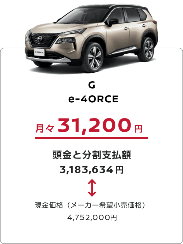 G e-40RCE 月々 31,200円 頭金と分割支払額 3,183,634円 ↔︎ 現金価格(メーカー希望小売価格)4,752,000円